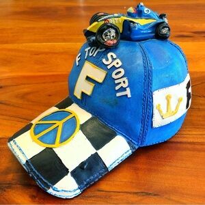 Vintage Rear F1 Car On Top Blue Cap with Black & White Checkered Coin Piggy Tank